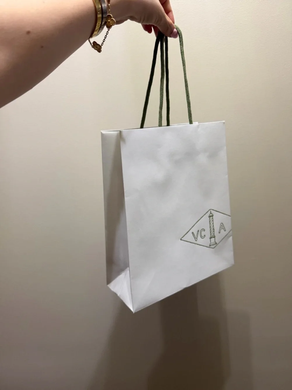 Van Cleef & Arpels White Gift Bag with Green Handles